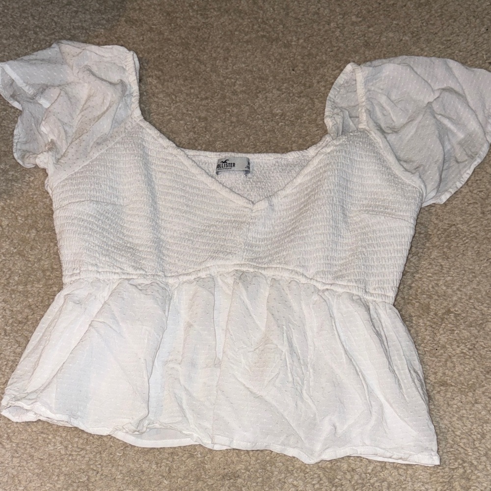 Hollister White Smocked Peplum Puff-Sleeve Blouse